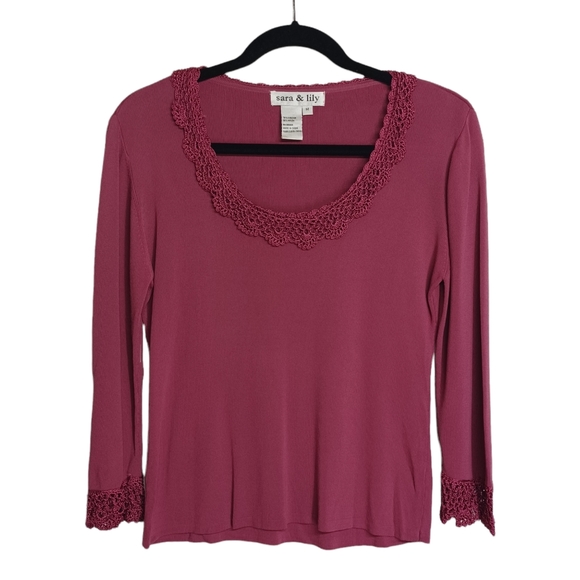 SARA & LILY Magenta Crochet Lace Scoop Neckline Pink Ribbed Top Medium - Picture 1 of 5